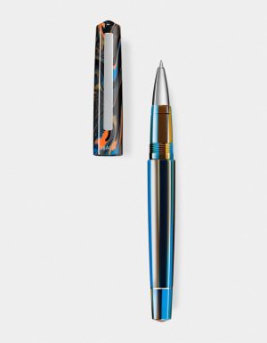 Peacock Blue resin rollerball pen with stainless steel trim
