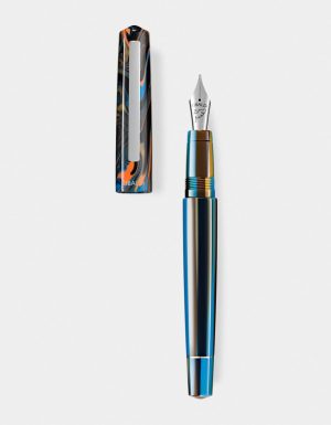Peacock Blue resin fountain pen with stainless steel trim