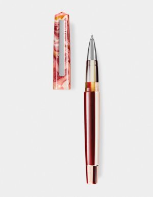 Taupe Grey resin rollerball pen with stainless steel trim - Russet Red
